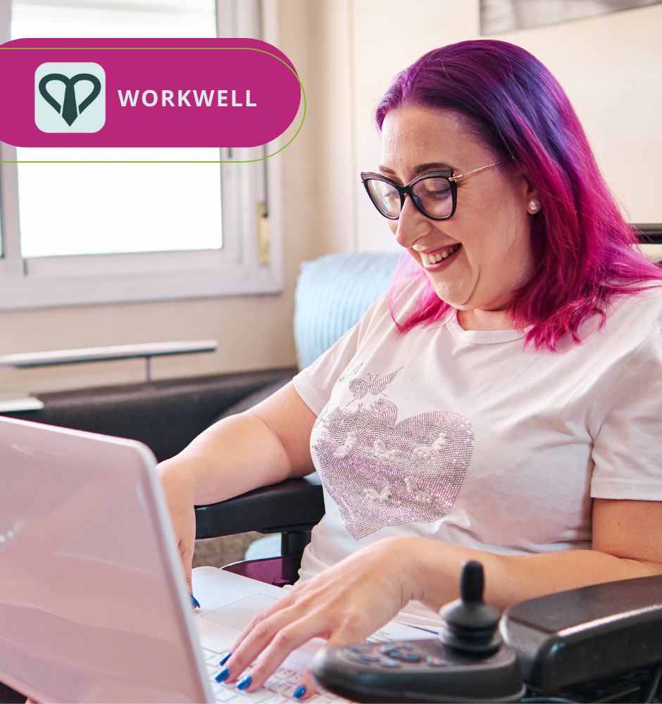 lady in motorised wheelchair with workwell logo